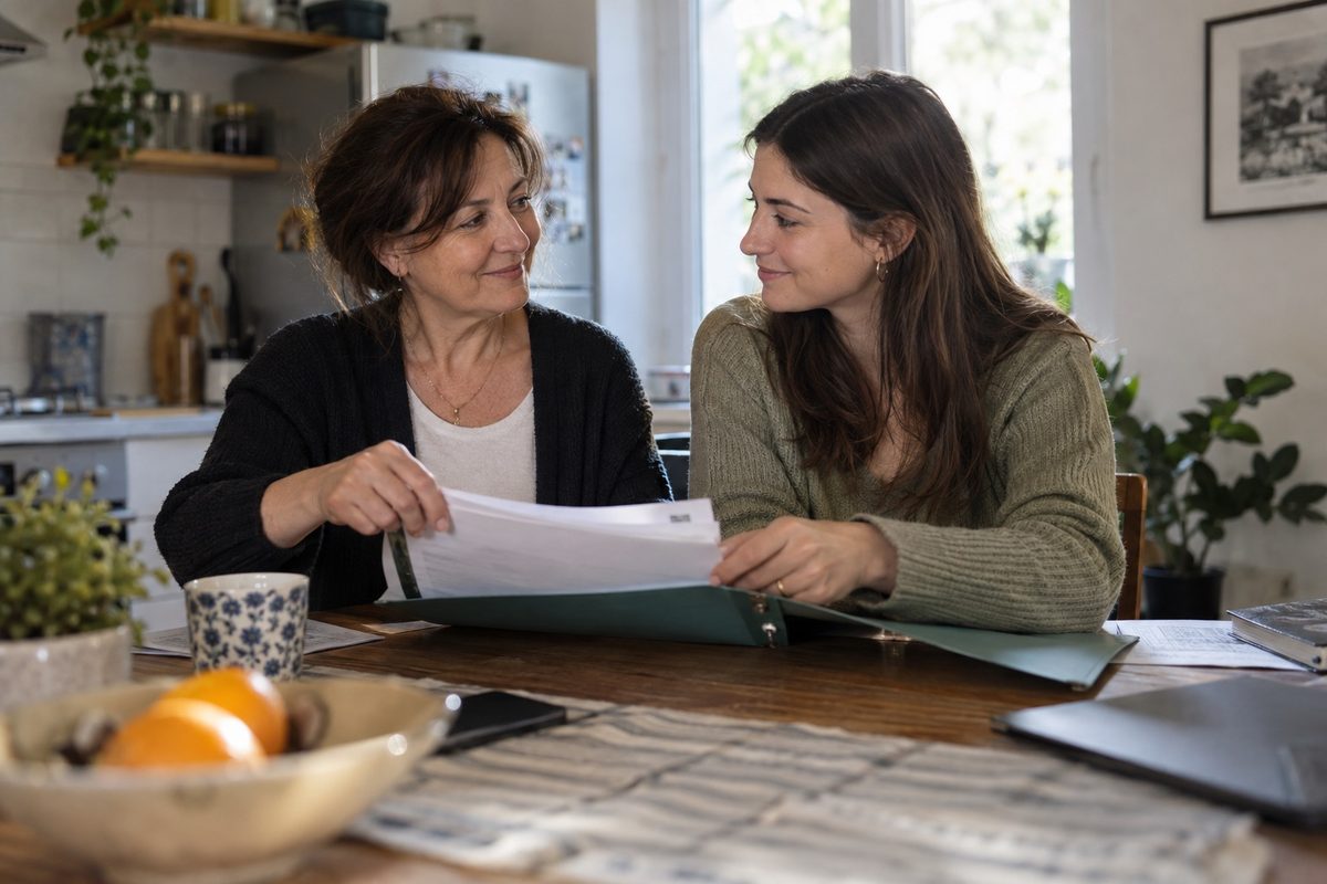 Due donne, madre e figlia, sfogliano insieme una cartellina di documenti al tavolo di cucina