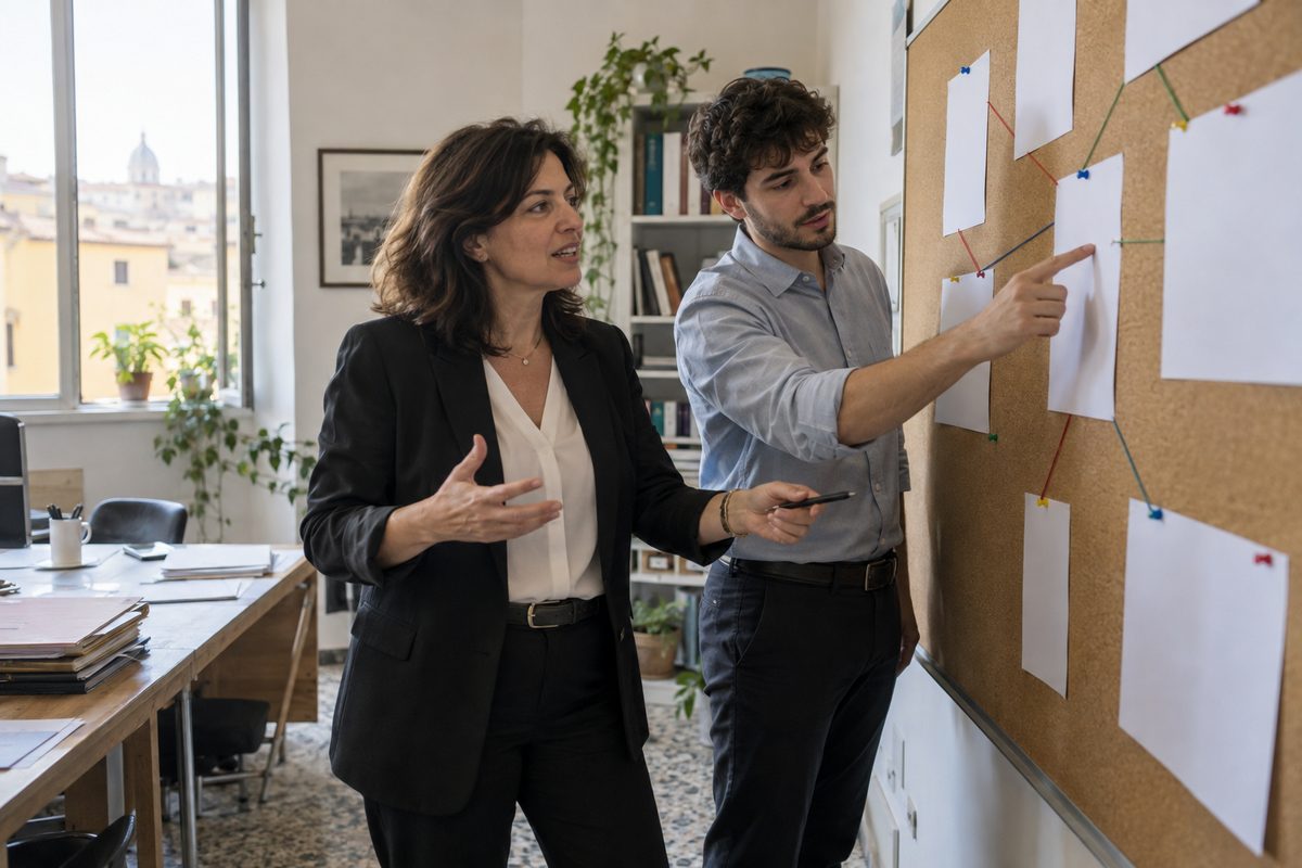 Due professionisti davanti a una bacheca di sughero con fogli collegati da fili colorati