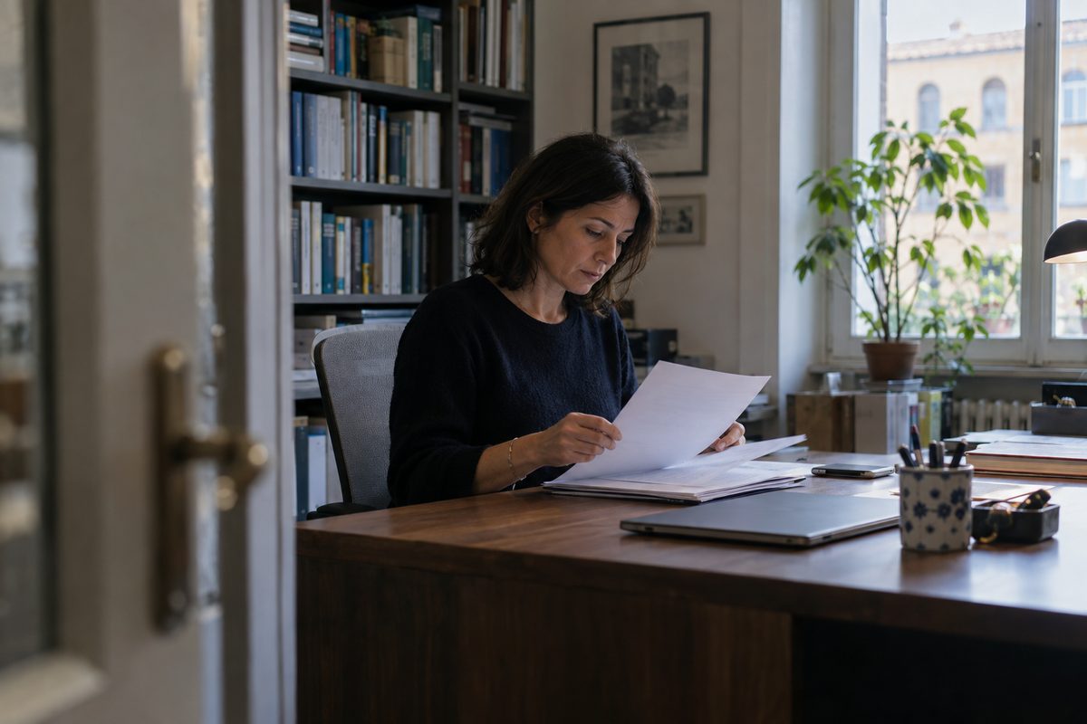 Una professionista legge con attenzione un foglio alla scrivania del suo studio, fra libreria e finestra